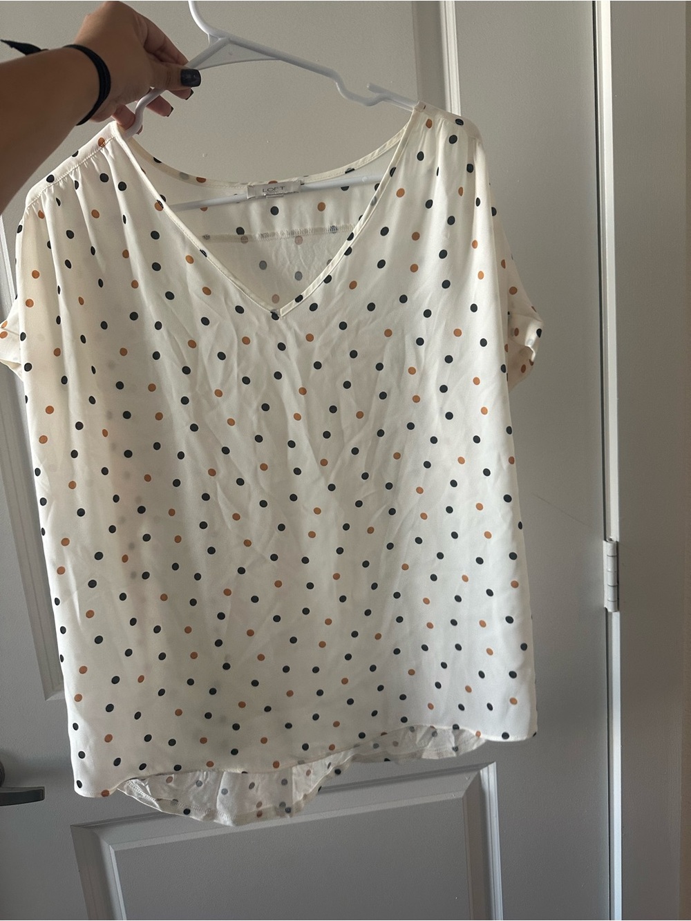 LOFT White V-Neck Blouse with Black and Gold Polka Dots
